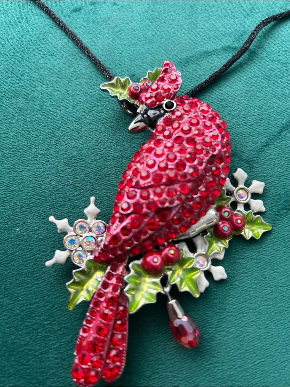 Red Cardinal Crystal Pendant Necklace with Festive Accents